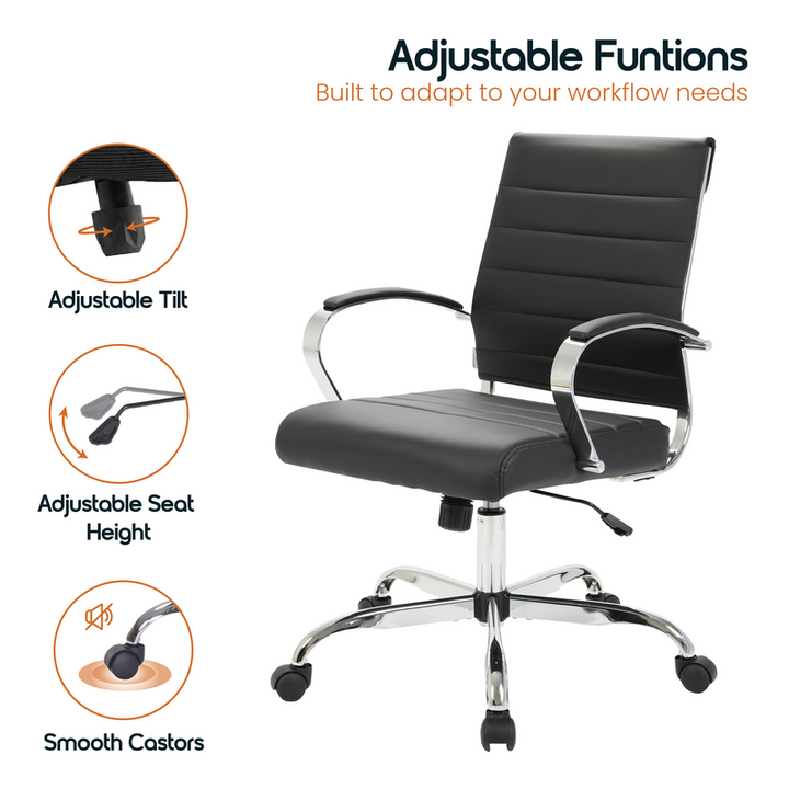 Black office chair with adjustable features on a white background.