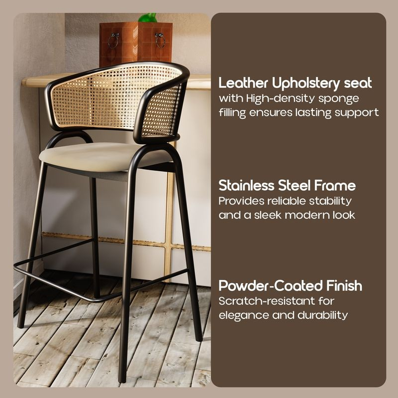 LeisureMod Ervilla Wicker Bar Stool with Fabric Seat and Black Steel Frame in Taupe Description.