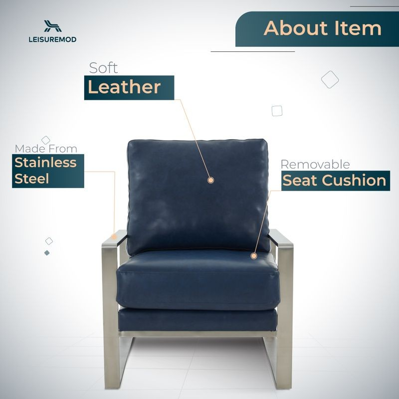 LeisureMod Jefferson Faux Leather Modern Design Accent Armchair with Elegant Silver Frame Navy Blue Description.