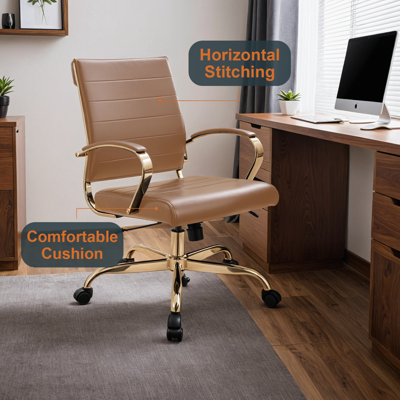 LeisureMod Benmar Home Leather Office Chair with Gold Frame Brown at Desk.
