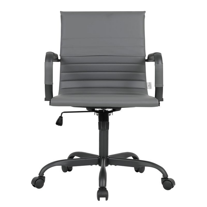 LeisureMod Harris Leather Home Office Chair in Grey with Black Frame Front View.