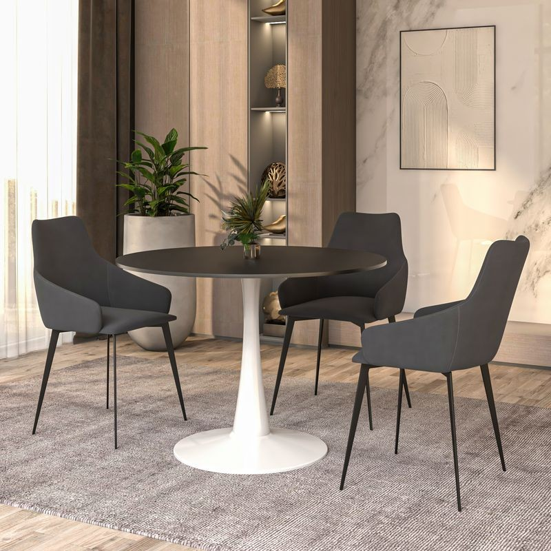 LeisureMod Bristol, 40" Round Dining Table in White Base with Blacktop in Room.