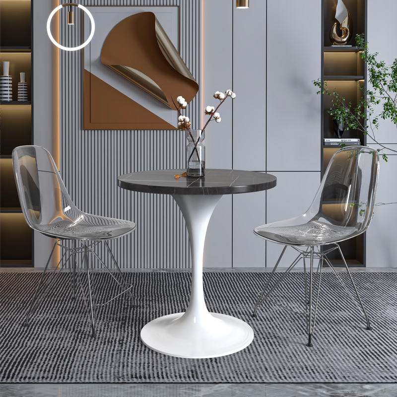 LeisureMod Verve Collection 27 Round Dining Table, White Base with Sintered Stone Black Top with Chairs.