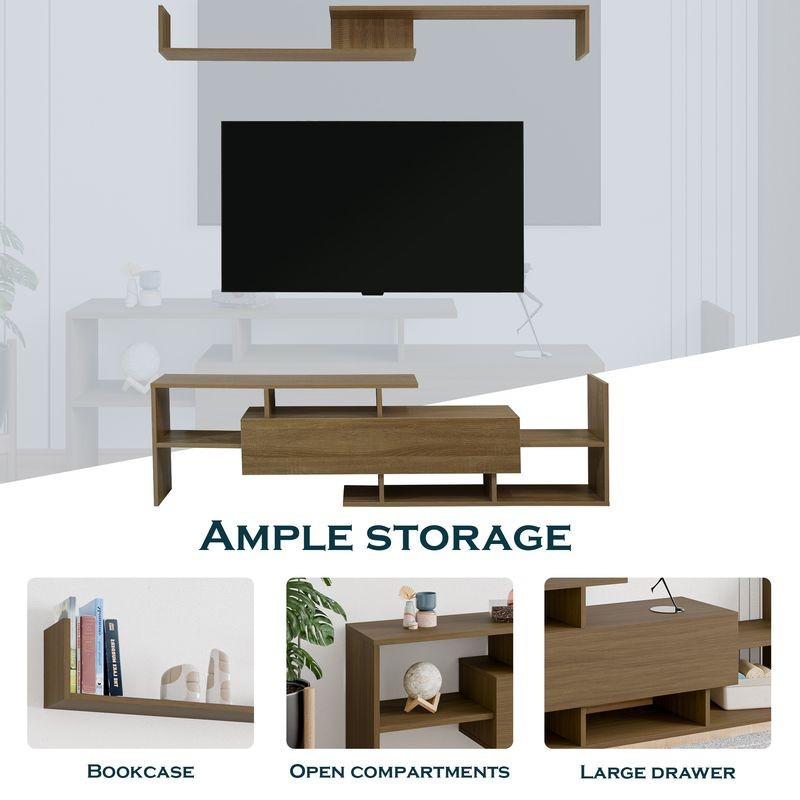 LeisureMod Surrey Modern TV Stand with MDF Shelves and Bookcase in Oak Wood Storage Information.