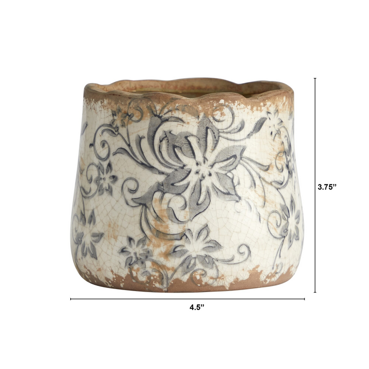 4.5” Tuscan Ceramic Gray Scroll Planter Dimensions