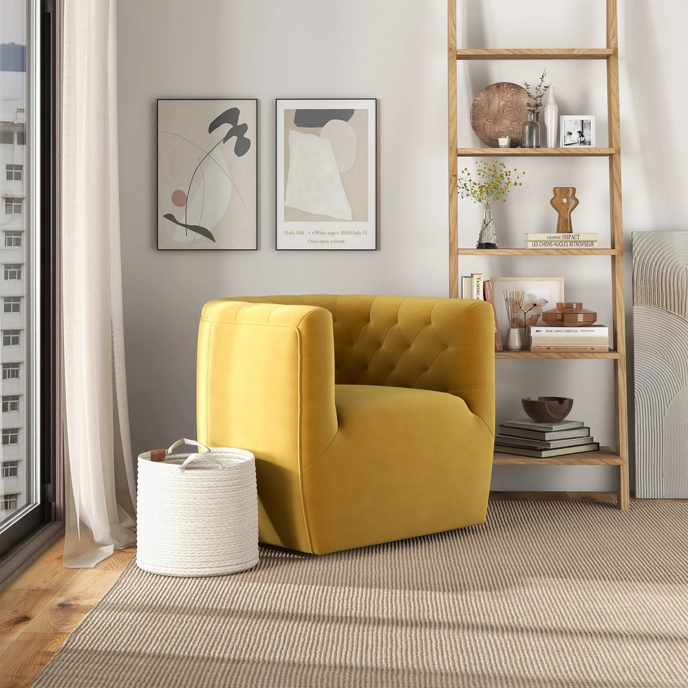 Delaney Gold Velvet Swivel Chair in Room.