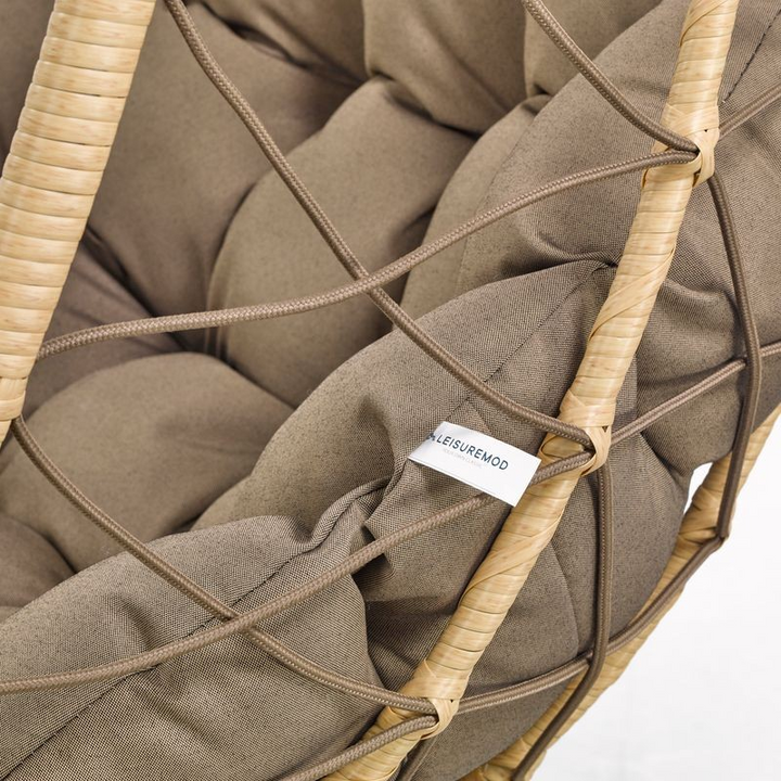 Leisuremod Summit Series Outdoor Egg Swing Chair in Brown with Brown Cushions Closeup.