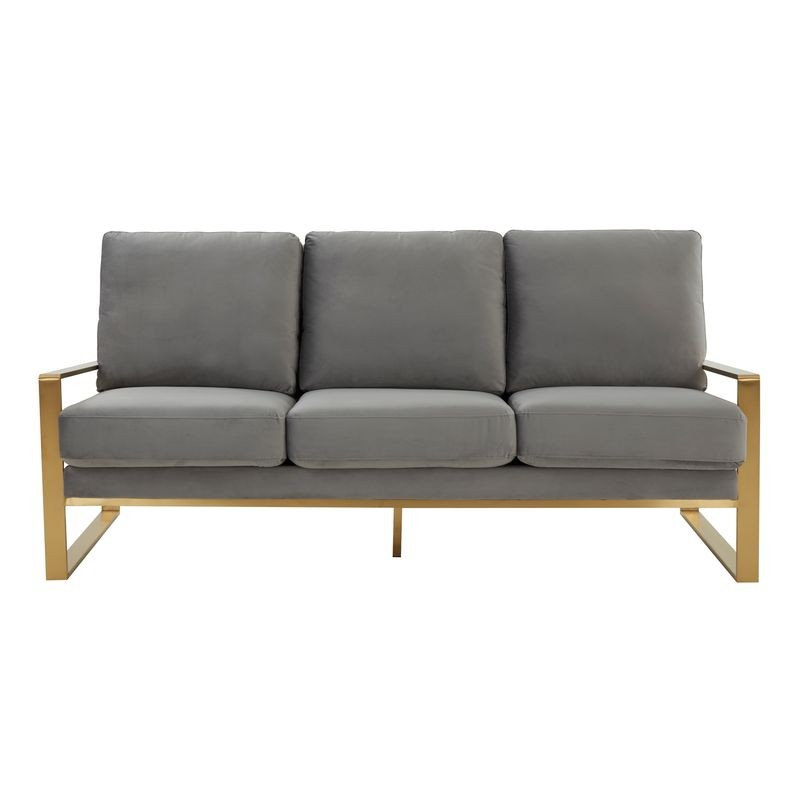 LeisureMod Jefferson Contemporary Modern Design Velvet Sofa with Gold Frame Light Grey Front View.