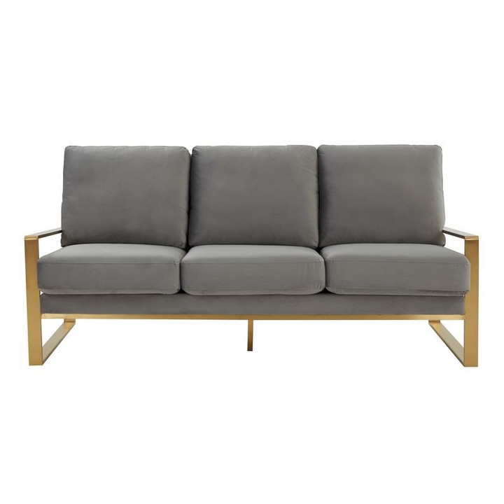LeisureMod Jefferson Contemporary Modern Design Velvet Sofa with Gold Frame Light Grey Front View.