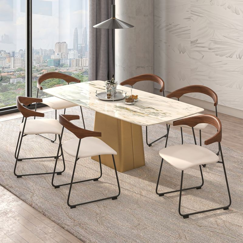 LeisureMod Lyra Collection Modern Chair in Walnut Color Back and Taupe Seat at Table.