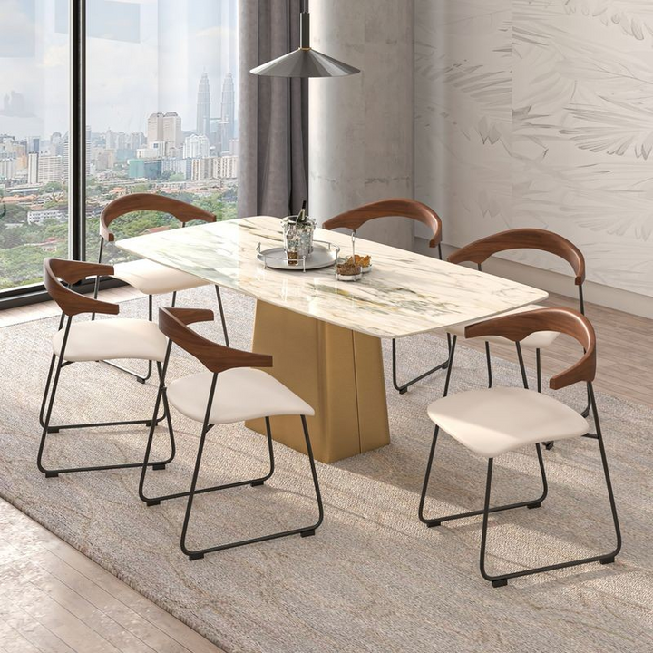 LeisureMod Lyra Collection Modern Chair in Walnut Color Back and Taupe Seat at Table.