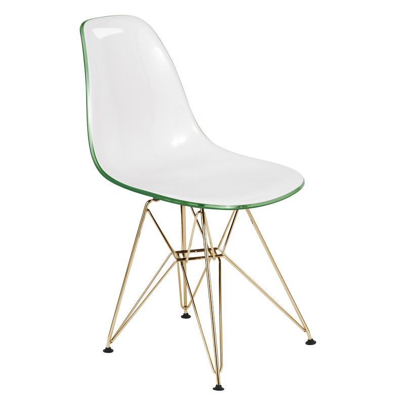 LeisureMod Cresco Molded 2-Tone Eiffel Side Chair with Gold Base in White Green