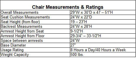 Professional 500 lbs. Capacity Black Leather Desk & Conference Chair w/ 24"W Seat Size Chart