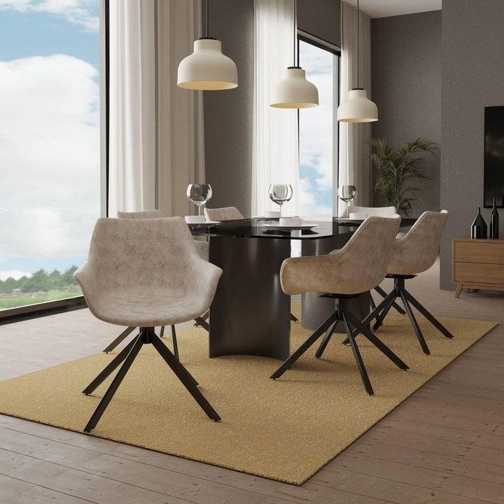 LeisureMod Markley Modern Leather Dining Swivel Armchair in Taupe at Table.