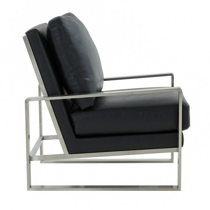 LeisureMod Jefferson Leather Modern Design Accent Armchair with Elegant Silver Frame Black Side View.