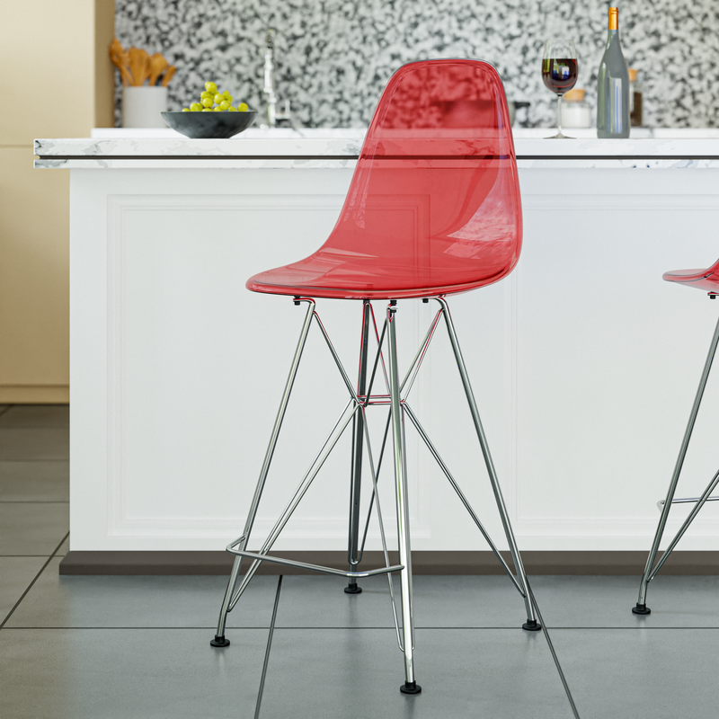 LeisureMod Cresco Modern Acrylic Barstool with Chrome Base and Footrest in Transparent Red Close View.