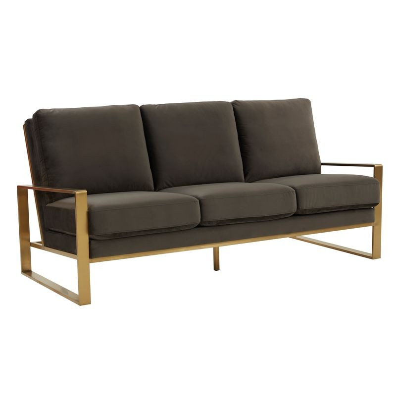 LeisureMod Jefferson Contemporary Modern Design Velvet Sofa with Gold Frame Dark Grey