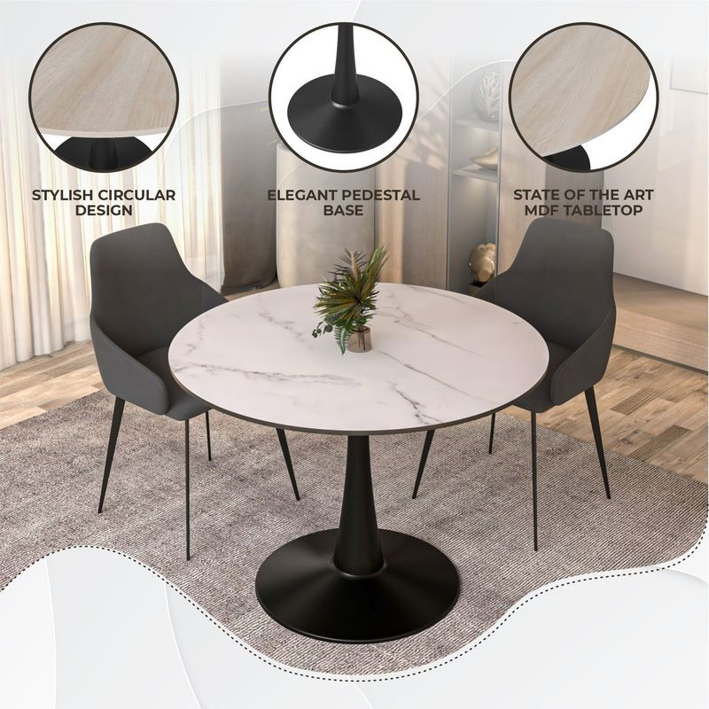 Leisuremod Bristol 40" round Dining Table Black Base with Marbled MDF Top White Details.