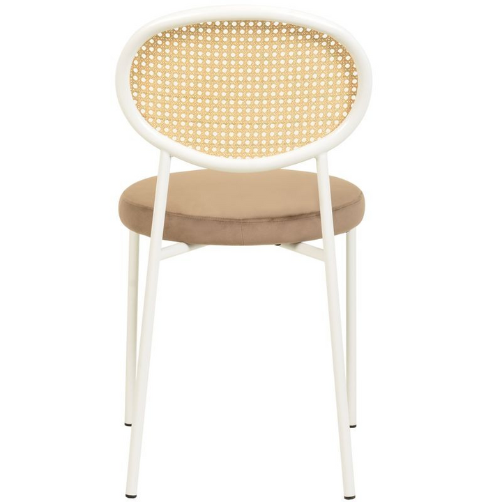 Chair with wicker backrest and beige cushion on a white background.