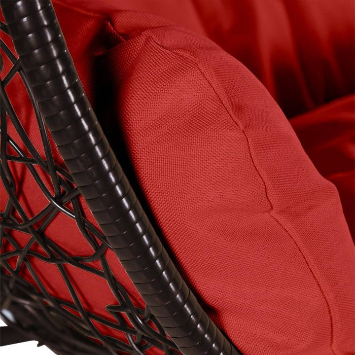 Leisuremod Recluse Collection Modern Outdoor Swing Chair Brown Frame with ES57 Red Cushion Closeup.