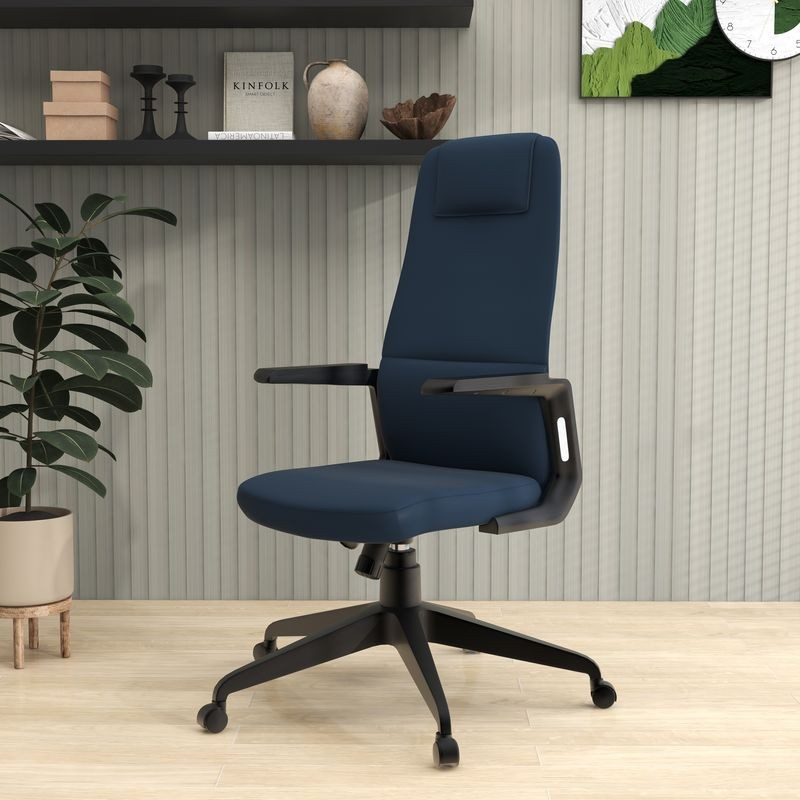 LeisureMod Nexa Collection Modern Office Chair in Blue in Room.