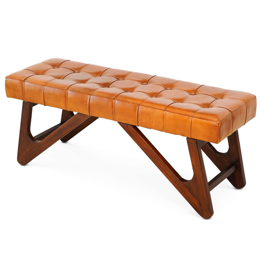 Mia Tan Leather Bench with Buttons Angled View.
