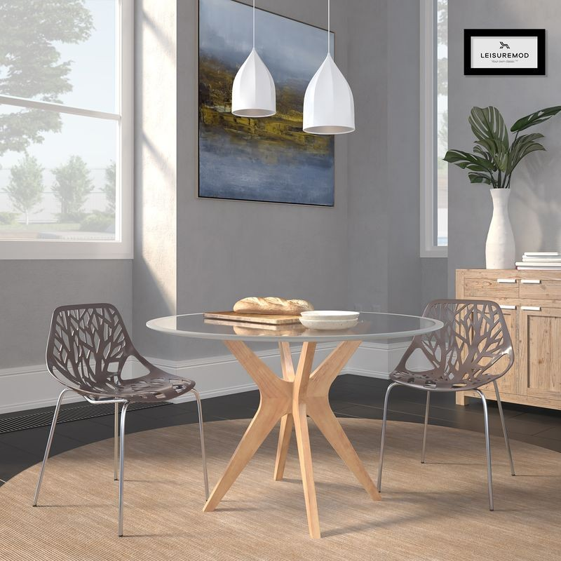 LeisureMod Modern Asbury Dining Chair w/ Chromed Legs, Set of 2 Taupe at Table.