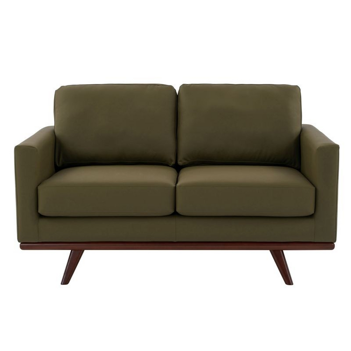 LeisureMod Chester Modern Faux Leather Loveseat Chair in Green Leather Photo.