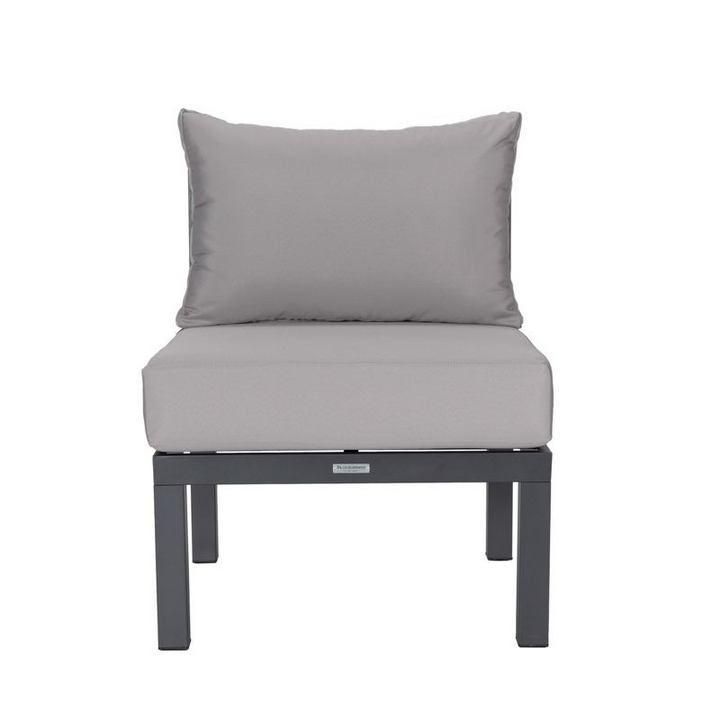 LeisureMod Chelsea 7-Piece Patio Sectional and Coffee Table Set Black Aluminum with Cushions Light Grey Front Chair.