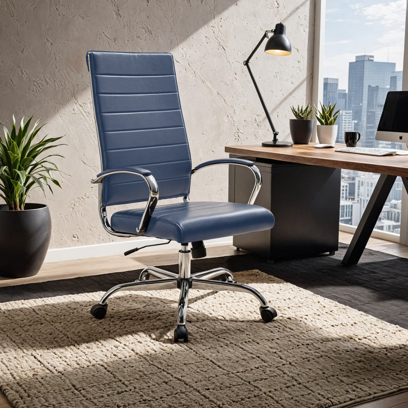 LeisureMod Benmar High-Back Leather Office Chair Navy Blue at Desk.