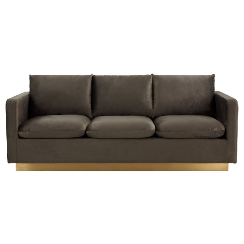 LeisureMod Nervo Modern Mid-Century Upholstered Velvet Sofa with Gold Frame Dark Grey Front View.