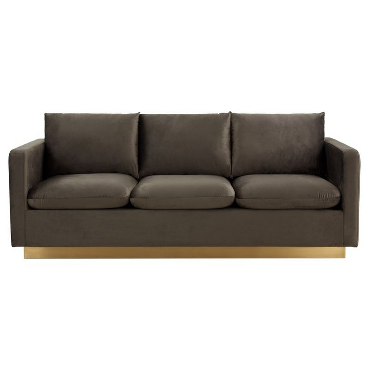LeisureMod Nervo Modern Mid-Century Upholstered Velvet Sofa with Gold Frame Dark Grey Front View.