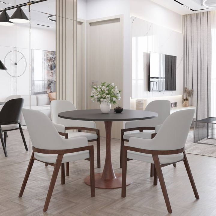 LeisureMod Bristol 40" Round Dining Table Wood Transfer Walnut Base with MDF Black Top with Chairs.