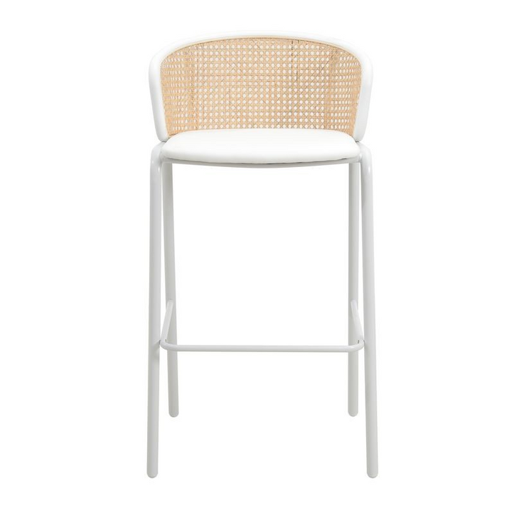 LeisureMod Ervilla Mid-Century Modern Wicker Bar Stool with Fabric Seat and White Powder Coated Steel Frame for Kitchen and Dining Room in White Front View.