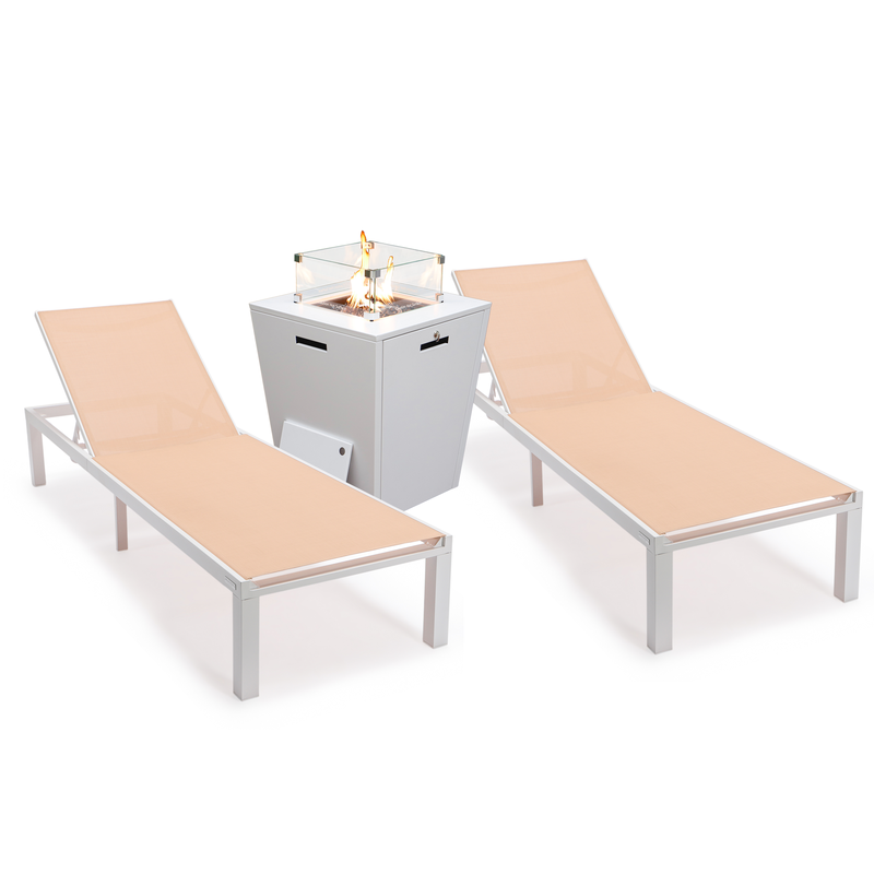 LeisureMod Marlin Modern Aluminum Outdoor Patio Chaise Lounge Chair Set of 2 with Square Fire Pit Side Table Perfect for Patio, Lawn, and Garden Light Brown