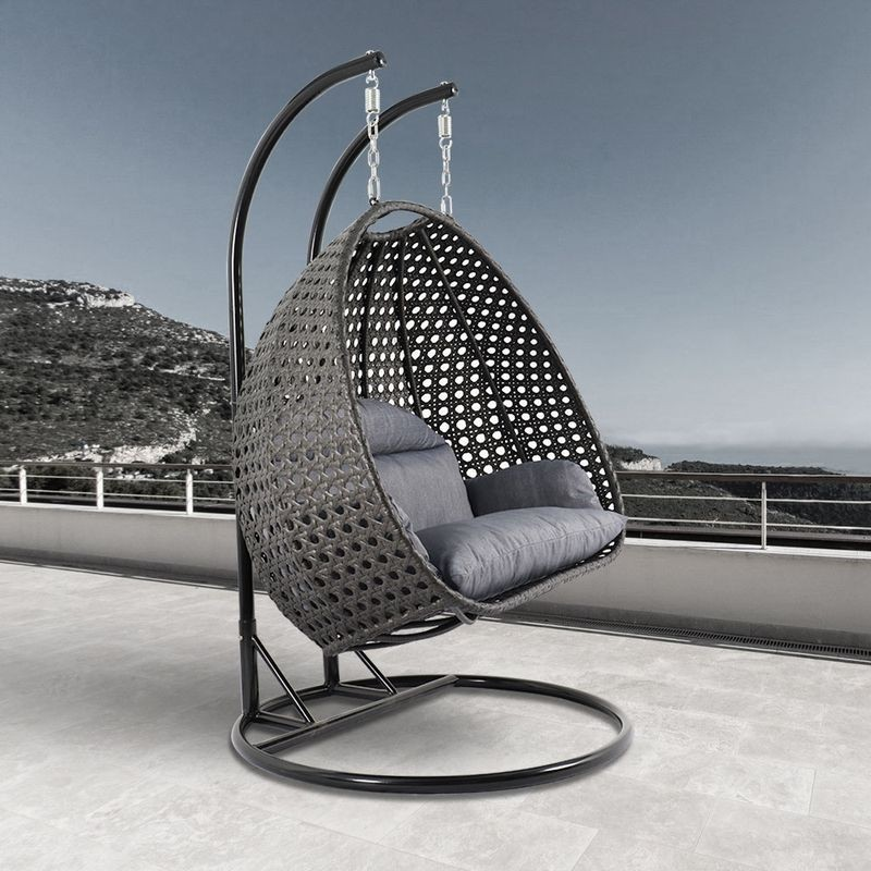 LeisureMod Charcoal Wicker Hanging 2 person Egg Swing Chair Charcoal Blue Side View.