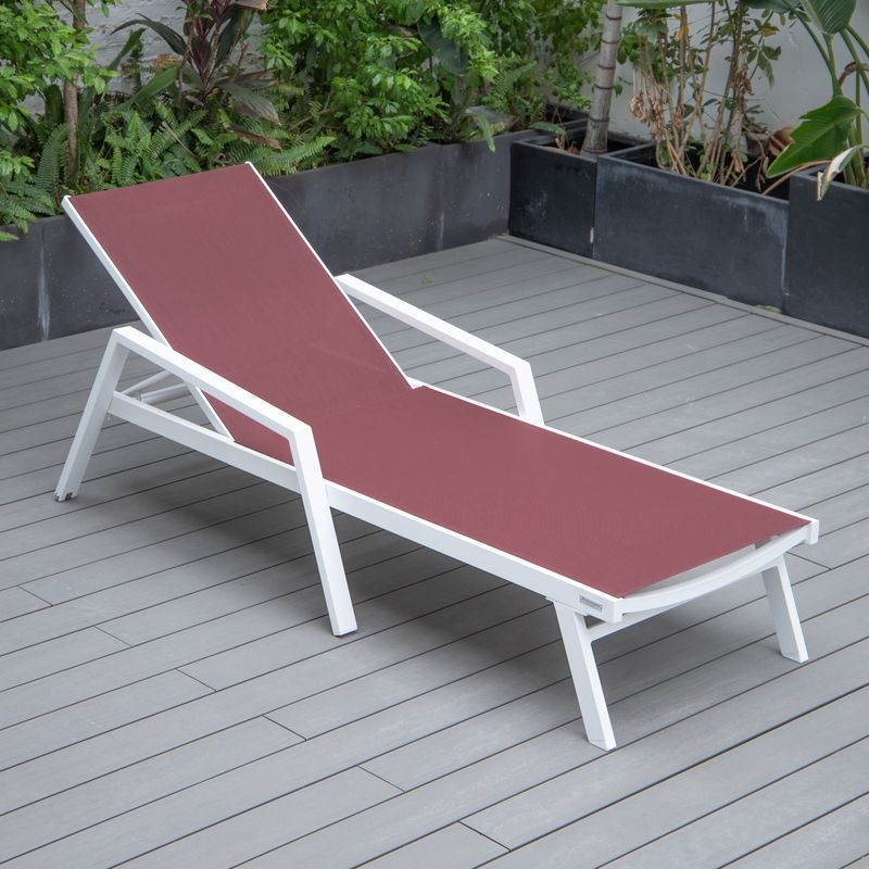 LeisureMod Marlin Patio Chaise Lounge Chair with Armrests in White Aluminum Frame Burgundy Photo.