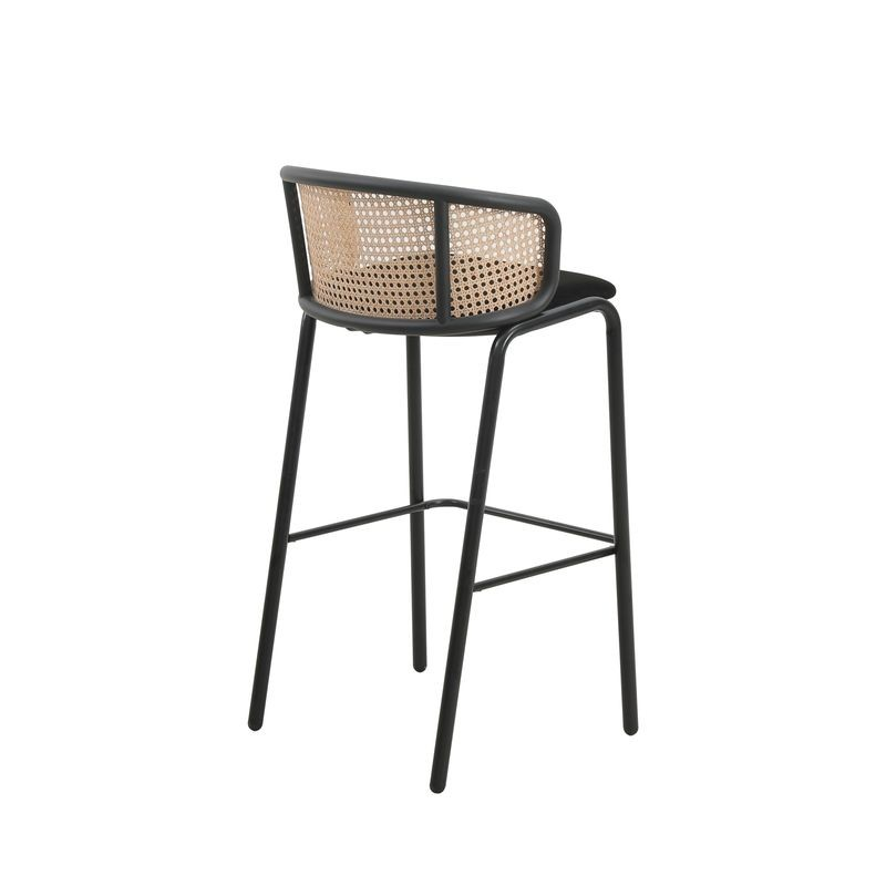 LeisureMod Ervilla Mid-Century Modern Wicker Bar Stool with Fabric Seat and Black Powder Coated Steel Frame in Black Back View.