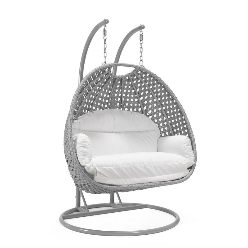 LeisureMod Mendoza Light Grey Wicker Hanging 2 Person Egg Swing Chair White