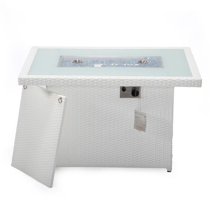 LeisureMod Mace Wicker Patio Modern Propane Fire Pit Table White with Drawer.