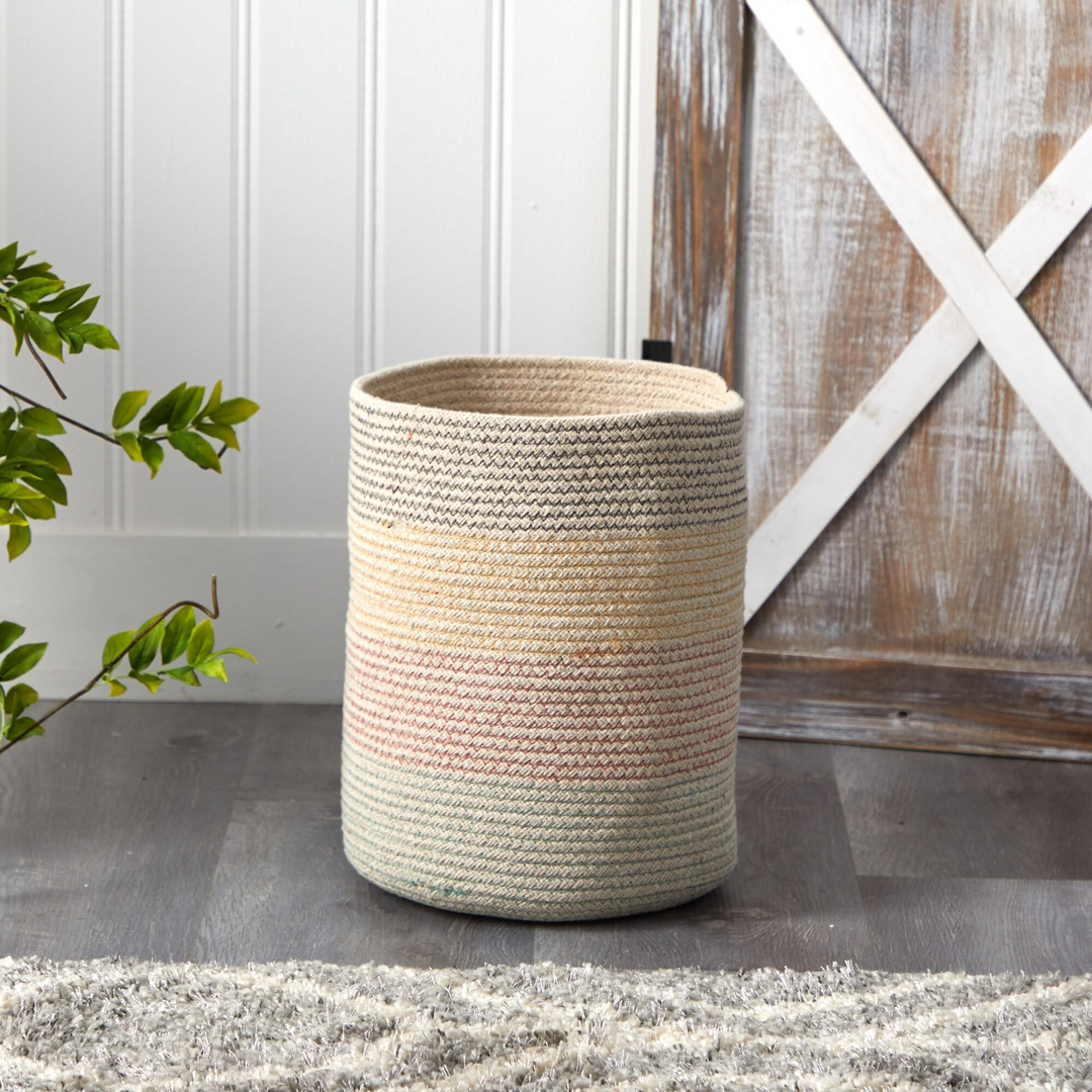 12” Handmade Natural Cotton Multicolored Woven Basket with Background