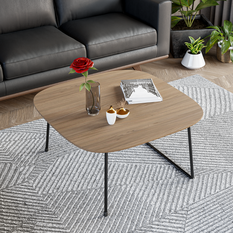LeisureMod Pemborke Mid Century Modern Square Coffee Table with Wood Top and Powder Coated Iron Frame in Natural Wood Top View.