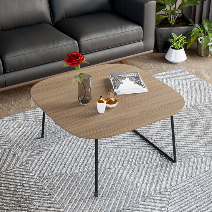 LeisureMod Pemborke Mid Century Modern Square Coffee Table with Wood Top and Powder Coated Iron Frame in Natural Wood Top View.
