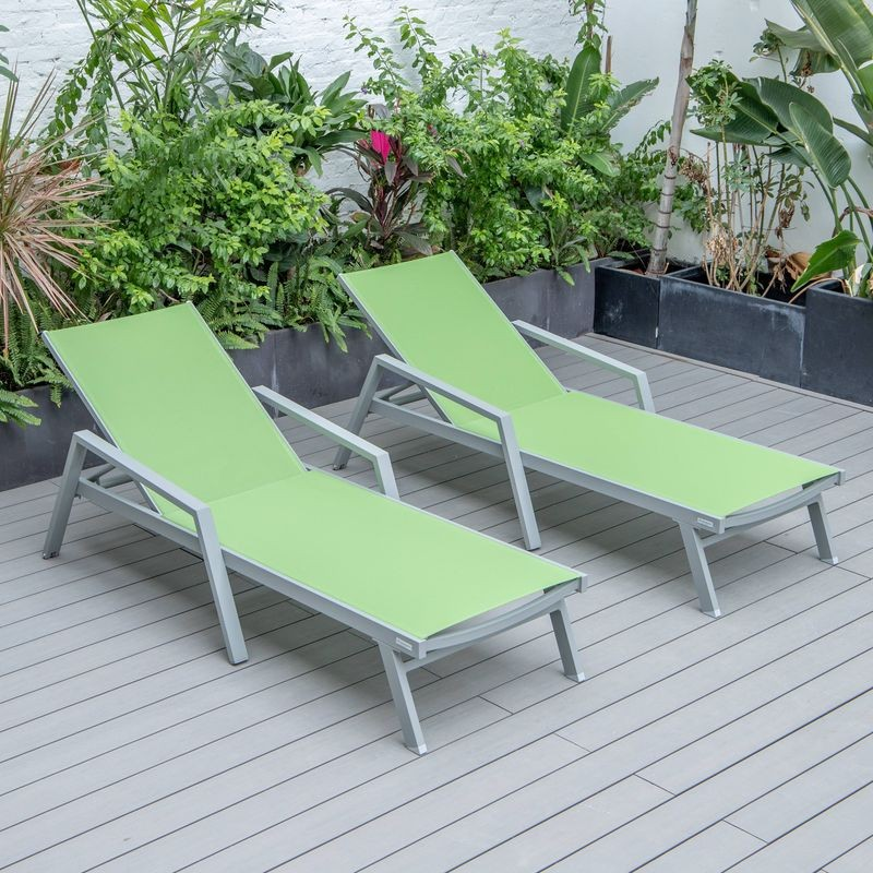 LeisureMod Marlin Patio Chaise Lounge Chair with Armrests in Grey Aluminum Frame, Set of 2 in Green