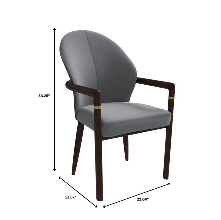 Gray armchair with wooden frame and dimensions marked on a white background.