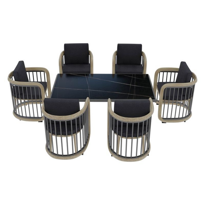 LeisureMod Klyra 7-Piece Aluminum Dining Set with 1 Rectangular Dining Table and 6 Dining Chairs in Grey Top View.