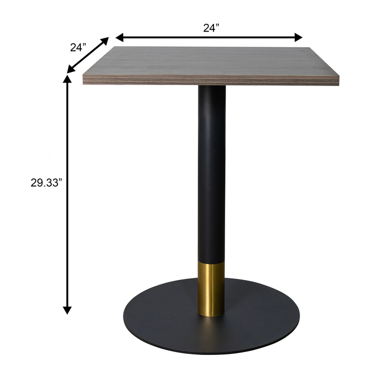 LeisureMod Vail Collection Dining Table Black/Gold Base With 24" Square Dark Brown MDF Top Dimensions.