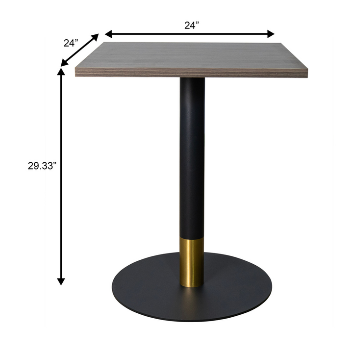 LeisureMod Vail Collection Dining Table Black/Gold Base With 24" Square Dark Brown MDF Top Dimensions.