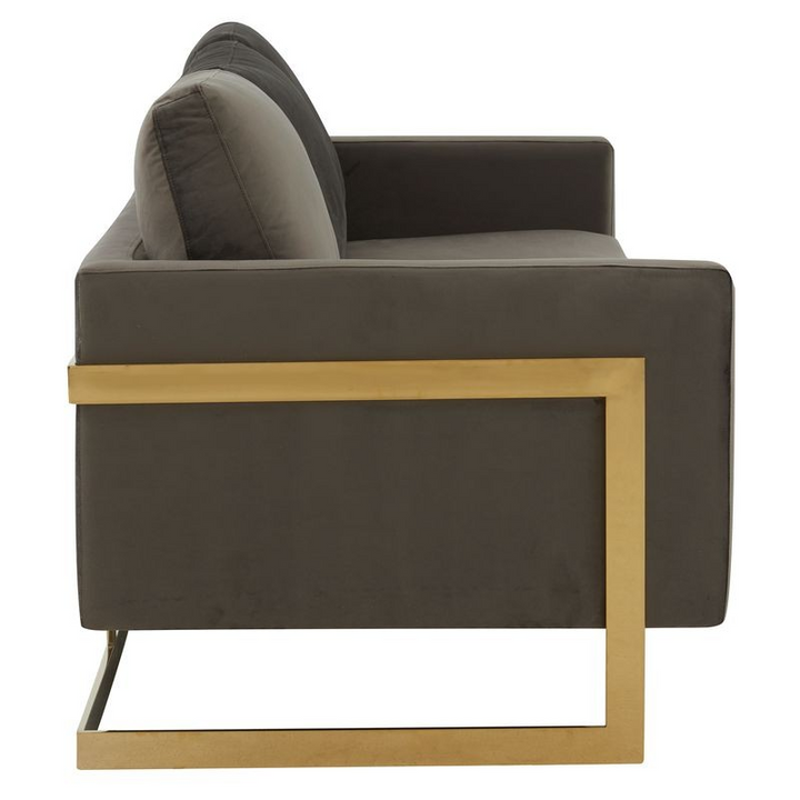 LeisureMod Lincoln Modern Mid-Century Upholstered Velvet Sofa with Gold Frame Dark Grey Side View.