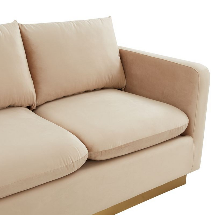LeisureMod Nervo Modern Mid-Century Upholstered Velvet Sofa with Gold Frame Beige Closeup.